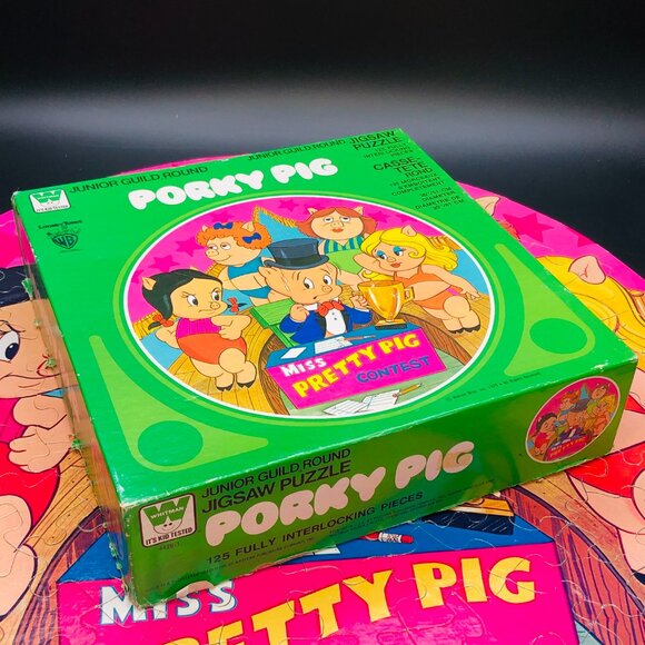 Vintage 1979 Porky Pig Petunia MISS PRETTY PIG 125 pc Round Puzzle -Complete - Picture 3 of 12